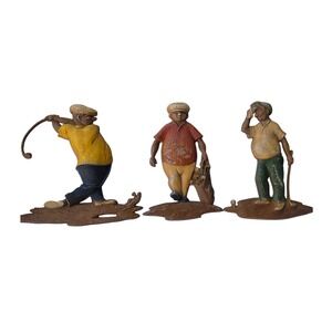 Vintage Cast Iron Golfer Figurines‎ Set of 3 Hand Painted Golf Statues Decor